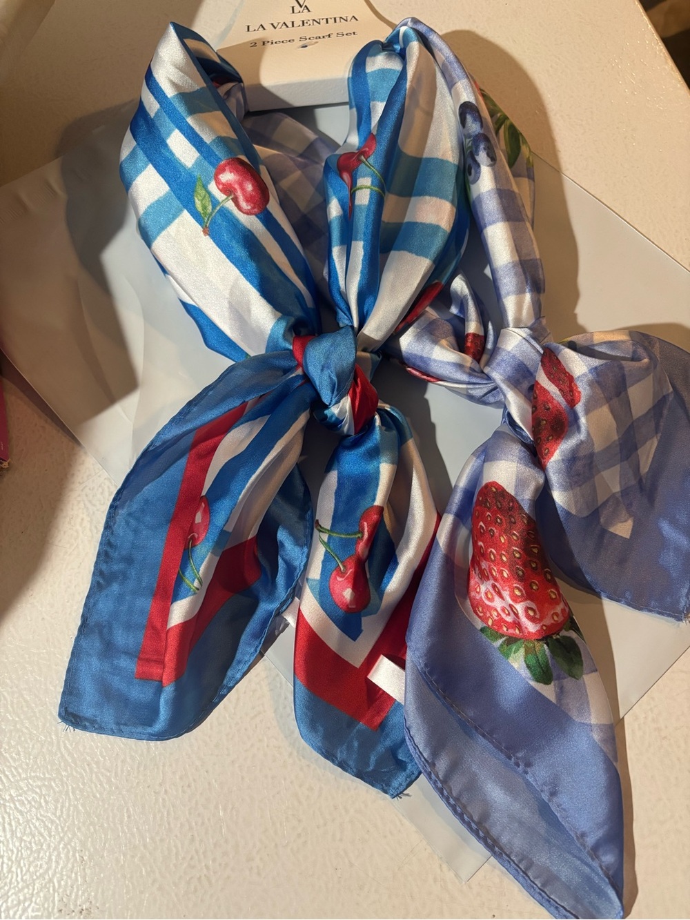 NWT La Valentina Blue & Red Cherry Print Silk-Feel Neck Scarf Set - Picture 3 of 6